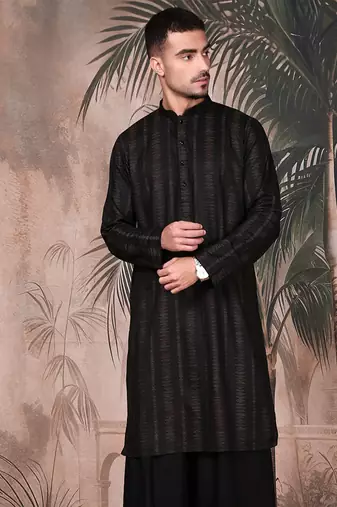 Black cotton textured kurta for mens