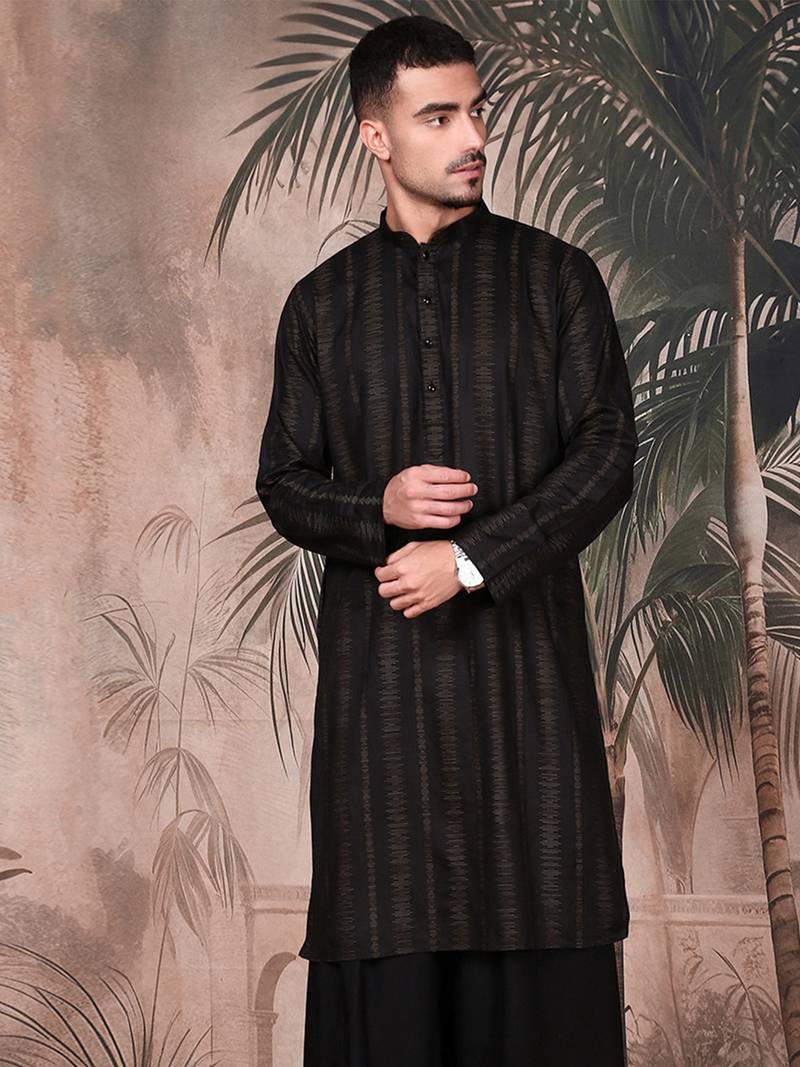 Black cotton textured kurta for mens