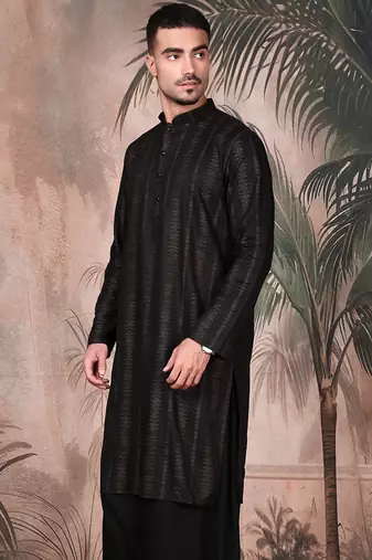 Black cotton textured kurta for mens