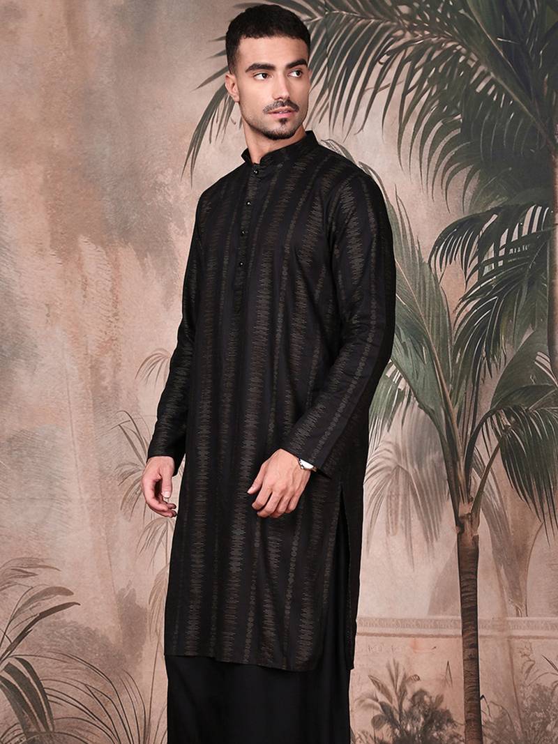 Black cotton textured kurta for mens