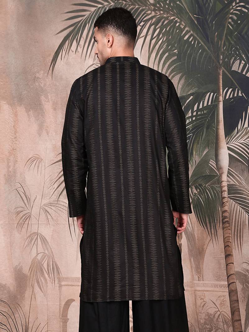 Black cotton textured kurta for mens