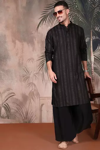 Black cotton textured kurta for mens