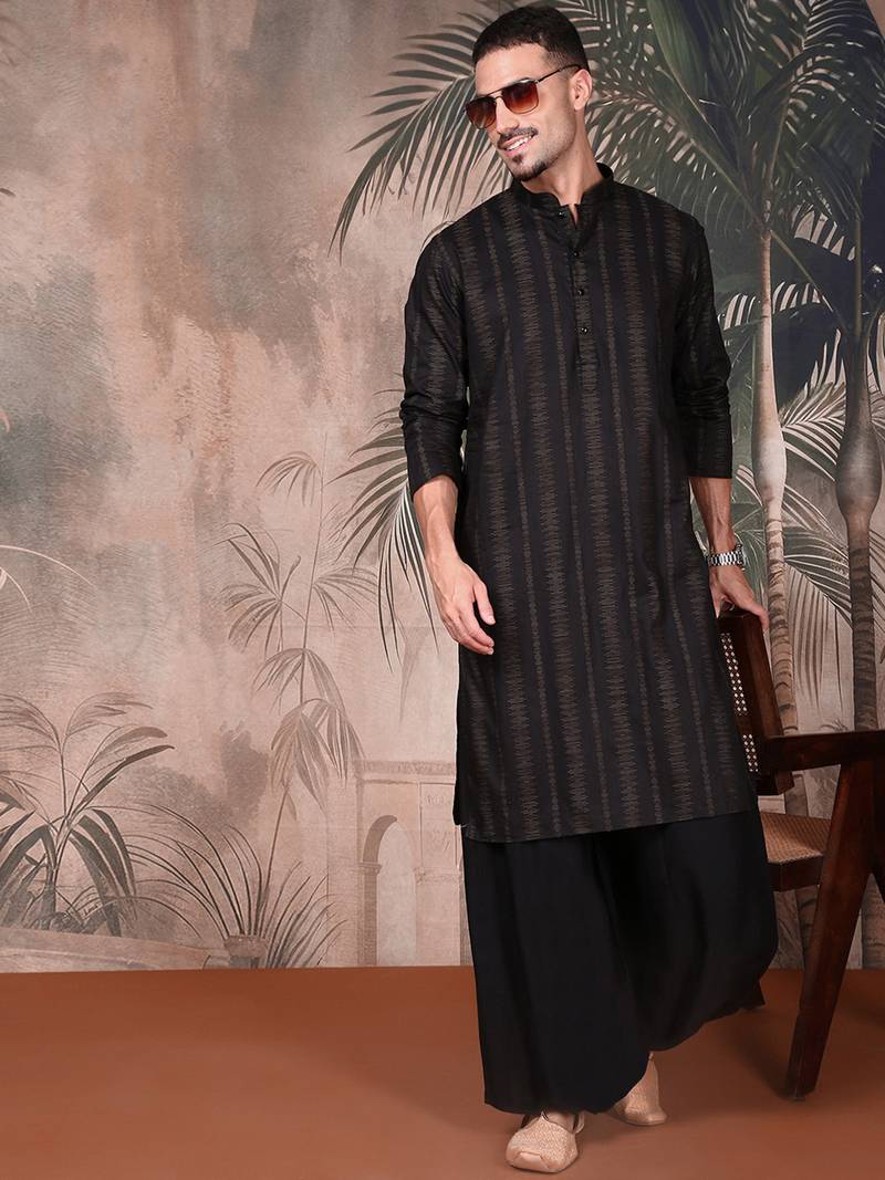 Black cotton textured kurta for mens