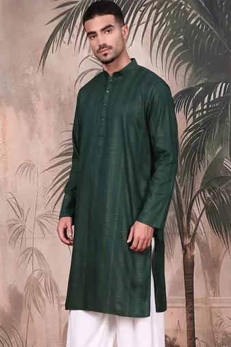 Deep green cotton textured kurta for mens