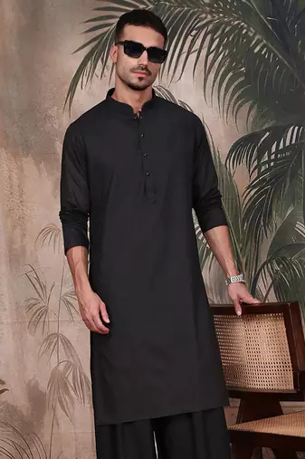 Black cotton textured kurta for mens