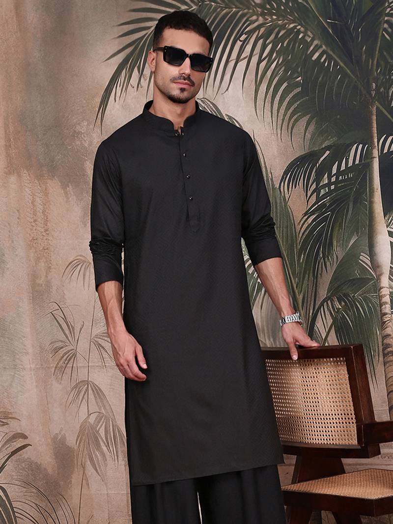 Black cotton textured kurta for mens