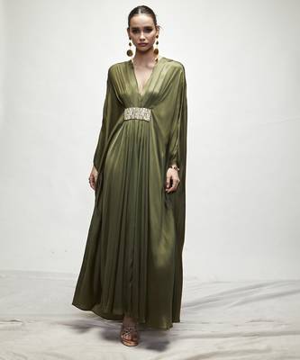 Olive green plain silk kaftaan 1