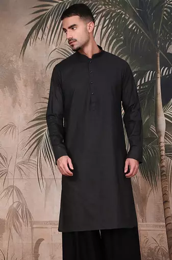 Black cotton textured kurta for mens