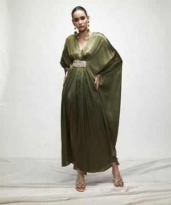 Olive green plain silk kaftaan 2