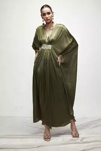 Olive green plain silk kaftaan
