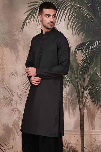 Black cotton textured kurta for mens
