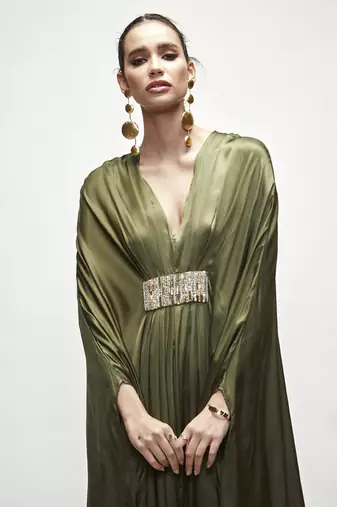 Olive green plain silk kaftaan