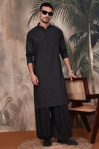 Black cotton textured kurta for mens