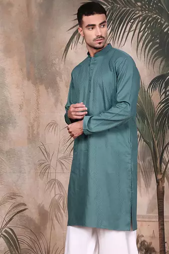 Grey cotton textured kurta for mens