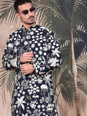 Deep blue silk blend chikankari kurta for mens 1