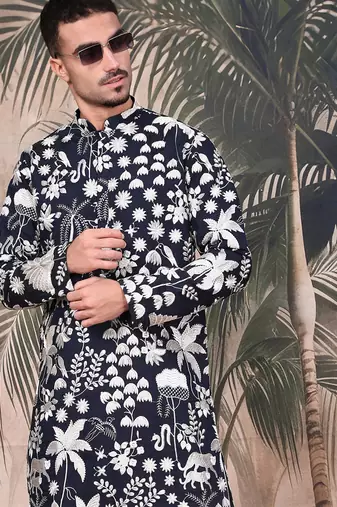 Deep blue silk blend chikankari kurta for mens