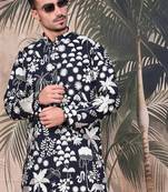 Deep blue silk blend chikankari kurta for mens
