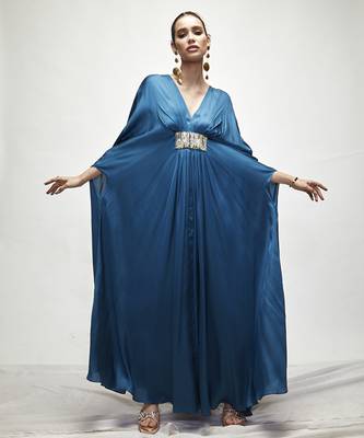 Blue plain silk kaftaan 1