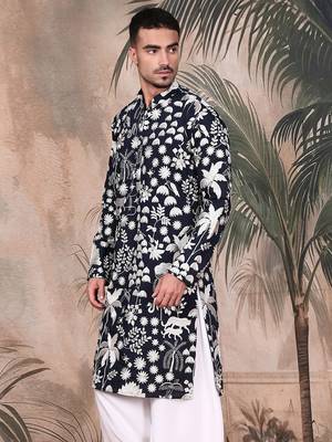Deep blue silk blend chikankari kurta for mens 2