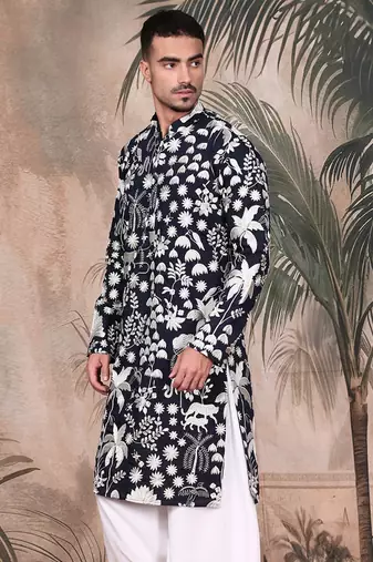 Deep blue silk blend chikankari kurta for mens