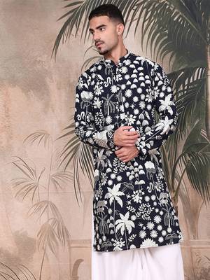 Deep blue silk blend chikankari kurta for mens 3