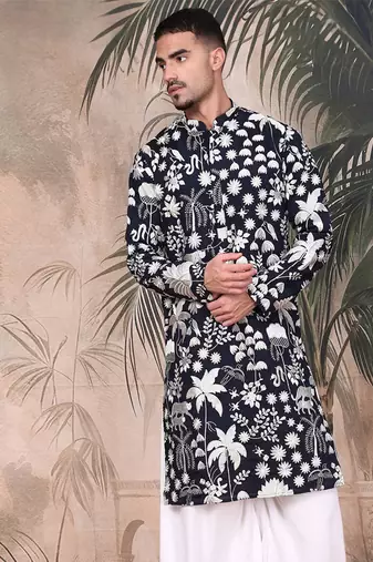 Deep blue silk blend chikankari kurta for mens