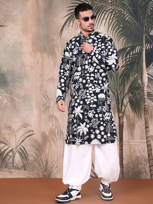 Deep blue silk blend chikankari kurta for mens 5