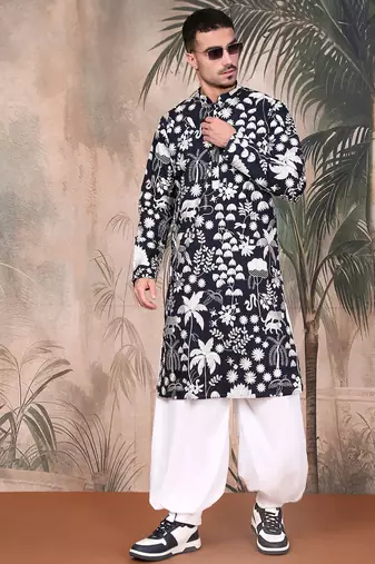 Deep blue silk blend chikankari kurta for mens