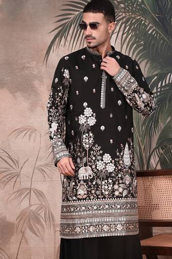 Black silk blend zari kurta for mens