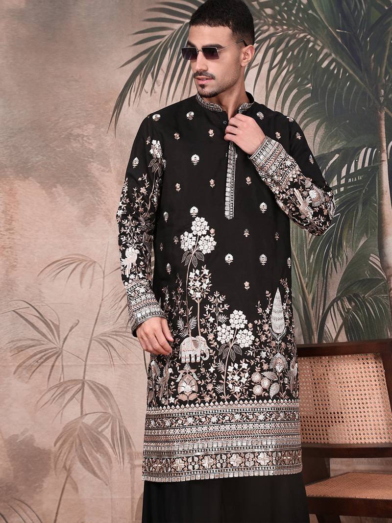 Black silk blend zari kurta for mens