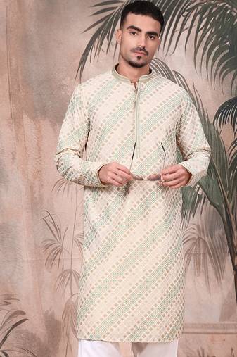 Deep beige cotton sequins kurta for mens
