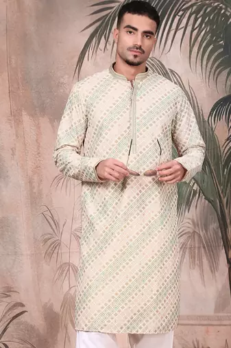 Deep beige cotton sequins kurta for mens