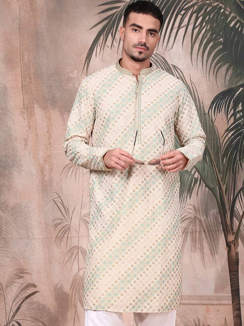 Deep beige cotton sequins kurta for mens