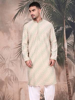 Deep beige cotton sequins kurta for mens 2