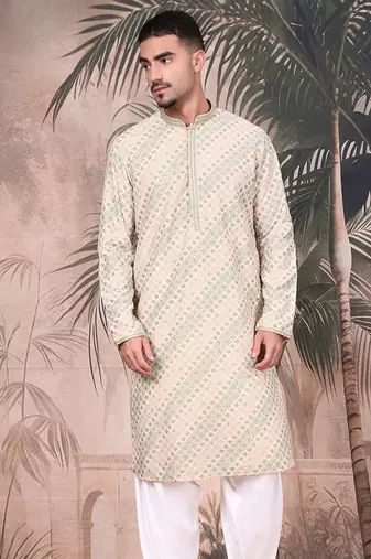 Deep beige cotton sequins kurta for mens