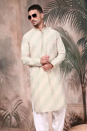 Deep beige cotton sequins kurta for mens
