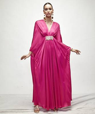 Fuschia pink plain silk kaftaan 1