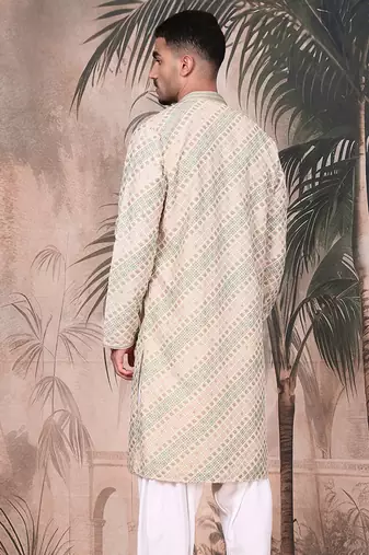 Deep beige cotton sequins kurta for mens