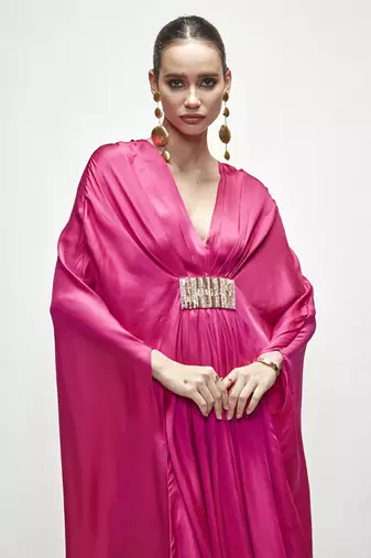 Fuschia pink plain silk kaftaan