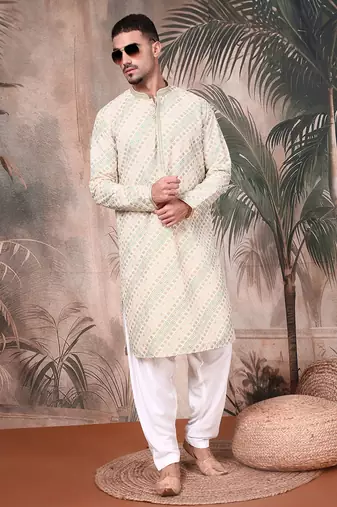 Deep beige cotton sequins kurta for mens