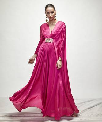Fuschia pink plain silk kaftaan 3