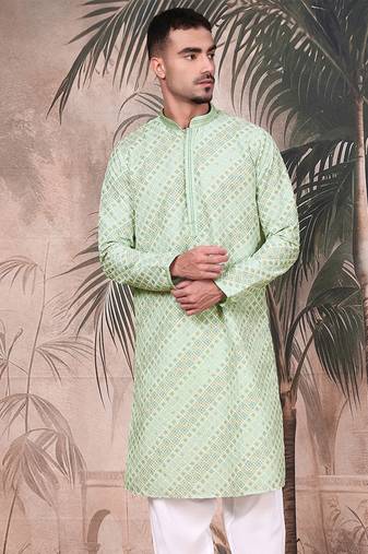 Light green cotton sequins kurta for mens