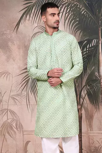 Light green cotton sequins kurta for mens