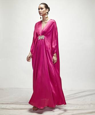 Fuschia pink plain silk kaftaan 4