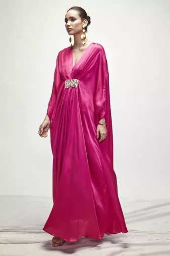 Fuschia pink plain silk kaftaan