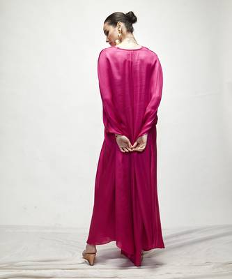 Fuschia pink plain silk kaftaan 5
