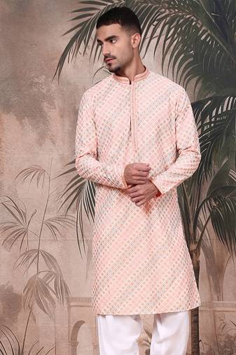 Light pink cotton sequins kurta for mens