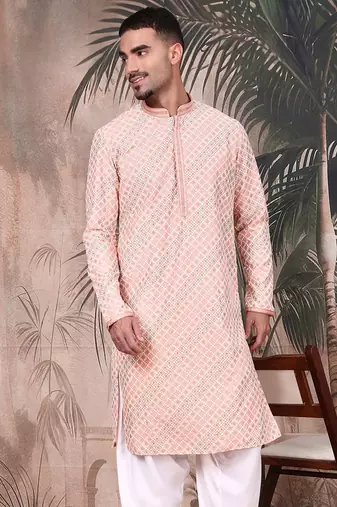 Light pink cotton sequins kurta for mens