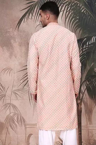 Light pink cotton sequins kurta for mens
