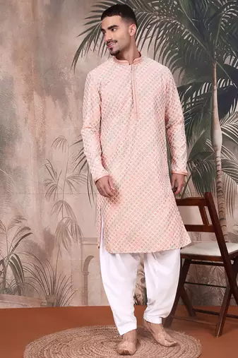 Light pink cotton sequins kurta for mens